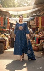 Teal Blue Embroidered Anarkali Suit Set – Heavy Zari & Sequin Work with Dupatta