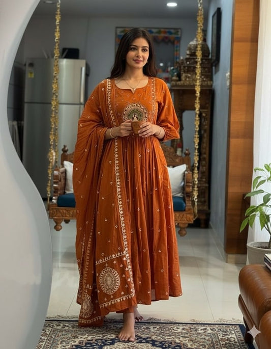 Rust Orange Cotton Anarkali Suit Set – Traditional Embroidered Yoke & Scalloped Dupatta