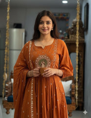 Rust Orange Cotton Anarkali Suit Set – Traditional Embroidered Yoke & Scalloped Dupatta
