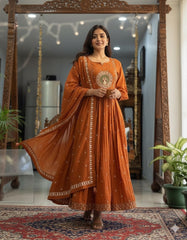 Rust Orange Cotton Anarkali Suit Set – Traditional Embroidered Yoke & Scalloped Dupatta