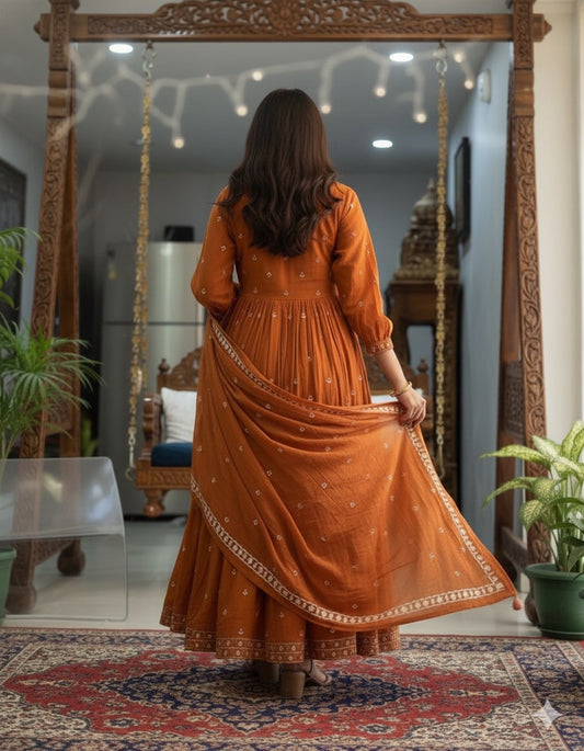 Rust Orange Cotton Anarkali Suit Set – Traditional Embroidered Yoke & Scalloped Dupatta
