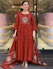 Brick Red Cotton Anarkali Suit – Contrast Floral Embroidery & Flared Bell Sleeves