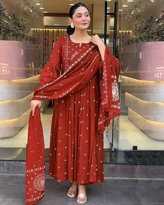 Brick Red Cotton Anarkali Suit – Contrast Floral Embroidery & Flared Bell Sleeves