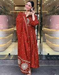 Brick Red Cotton Anarkali Suit – Contrast Floral Embroidery & Flared Bell Sleeves
