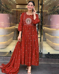 Brick Red Cotton Anarkali Suit – Contrast Floral Embroidery & Flared Bell Sleeves