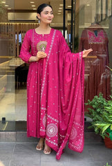 Magenta Pink Cotton Anarkali Suit Set – Embroidered Peacock Yoke & Classic Sleeves