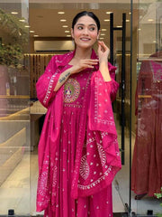 Magenta Pink Cotton Anarkali Suit Set – Embroidered Peacock Yoke & Classic Sleeves