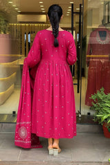 Magenta Pink Cotton Anarkali Suit Set – Embroidered Peacock Yoke & Classic Sleeves