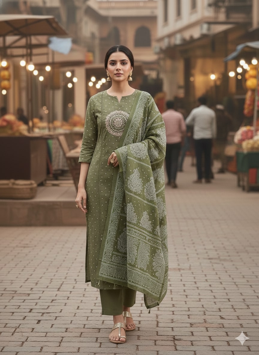 Olive Green Cotton Straight Suit Set – Mandala Embroidery & Printed Dupatta