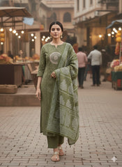 Olive Green Cotton Straight Suit Set – Mandala Embroidery & Printed Dupatta