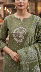 Olive Green Cotton Straight Suit Set – Mandala Embroidery & Printed Dupatta