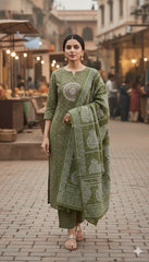 Olive Green Cotton Straight Suit Set – Mandala Embroidery & Printed Dupatta