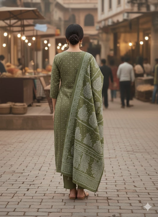 Olive Green Cotton Straight Suit Set – Mandala Embroidery & Printed Dupatta
