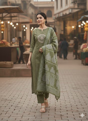 Olive Green Cotton Straight Suit Set – Mandala Embroidery & Printed Dupatta