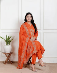 Bright Orange Cotton Kurta Set – Ornate Mandala Embroidery & Printed Dupatta