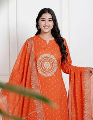 Bright Orange Cotton Kurta Set – Ornate Mandala Embroidery & Printed Dupatta