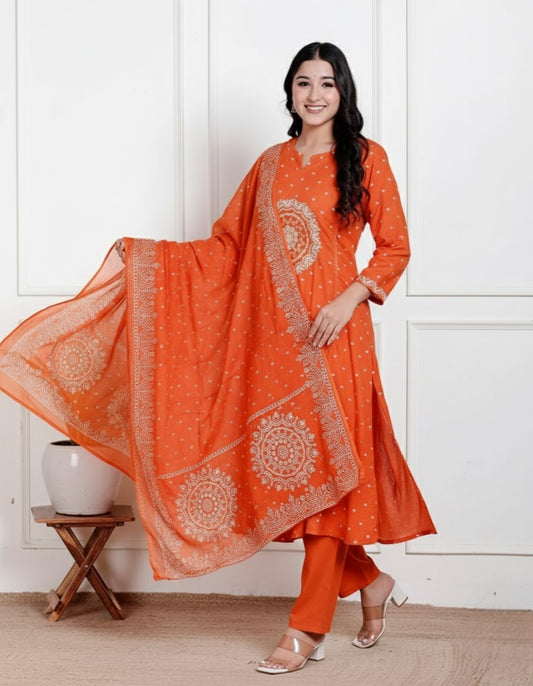 Bright Orange Cotton Kurta Set – Ornate Mandala Embroidery & Printed Dupatta