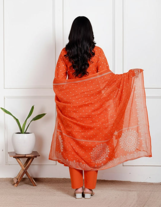 Bright Orange Cotton Kurta Set – Ornate Mandala Embroidery & Printed Dupatta