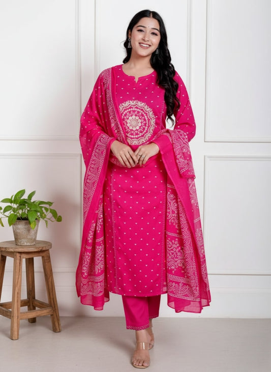 Hot Pink Cotton Straight Suit Set – White Mandala Embroidery & Ethnic Print