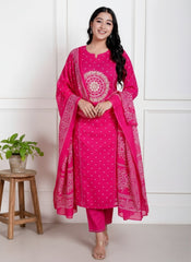 Hot Pink Cotton Straight Suit Set – White Mandala Embroidery & Ethnic Print