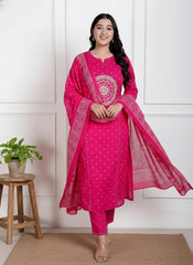 Hot Pink Cotton Straight Suit Set – White Mandala Embroidery & Ethnic Print