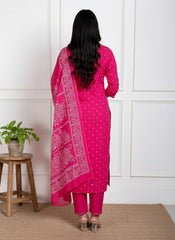 Hot Pink Cotton Straight Suit Set – White Mandala Embroidery & Ethnic Print