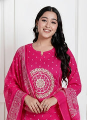 Hot Pink Cotton Straight Suit Set – White Mandala Embroidery & Ethnic Print