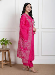 Hot Pink Cotton Straight Suit Set – White Mandala Embroidery & Ethnic Print