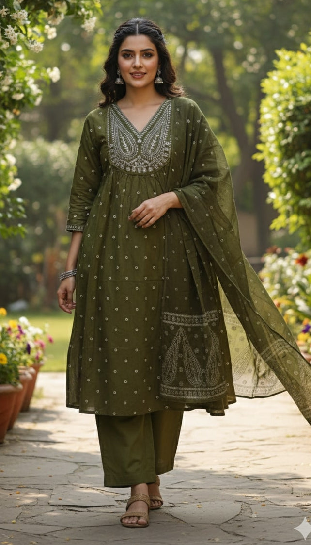 Olive Green Cotton Anarkali Suit Set – Intricate V-Neck Embroidery & Polka Print