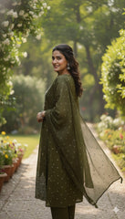 Olive Green Cotton Anarkali Suit Set – Intricate V-Neck Embroidery & Polka Print