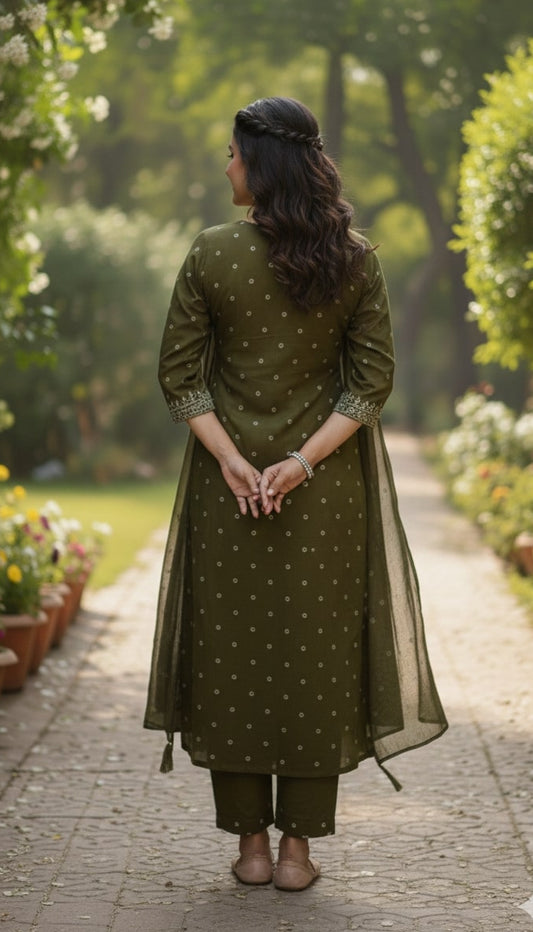 Olive Green Cotton Anarkali Suit Set – Intricate V-Neck Embroidery & Polka Print