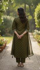Olive Green Cotton Anarkali Suit Set – Intricate V-Neck Embroidery & Polka Print