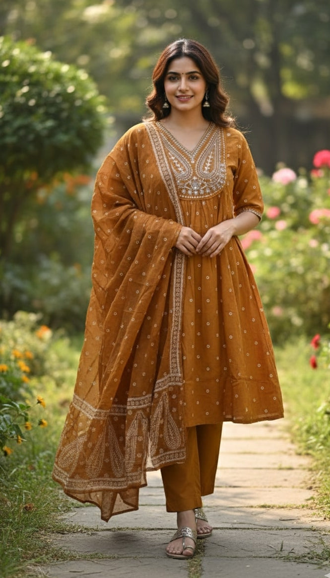 Title Deep Mustard Cotton Anarkali Suit Set – V-Neck Leaf Embroidery & Polka Dot Print