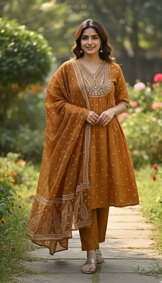 Title Deep Mustard Cotton Anarkali Suit Set – V-Neck Leaf Embroidery & Polka Dot Print