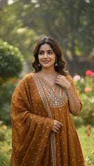 Title Deep Mustard Cotton Anarkali Suit Set – V-Neck Leaf Embroidery & Polka Dot Print