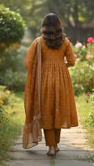 Title Deep Mustard Cotton Anarkali Suit Set – V-Neck Leaf Embroidery & Polka Dot Print