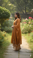 Title Deep Mustard Cotton Anarkali Suit Set – V-Neck Leaf Embroidery & Polka Dot Print