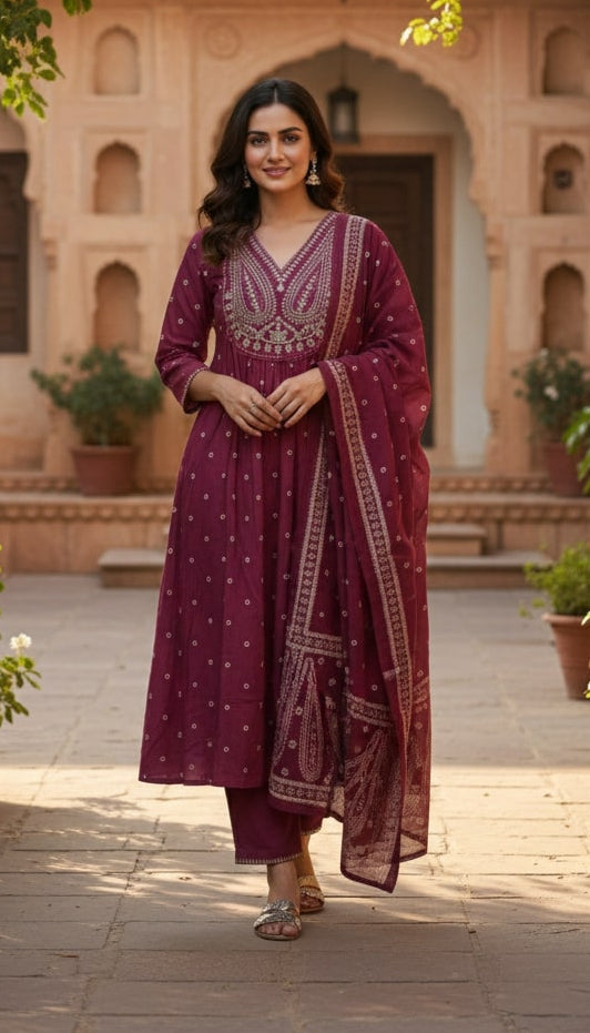Wine Purple Cotton Anarkali Suit Set – V-Neck Leaf Embroidery & Polka Dot Print