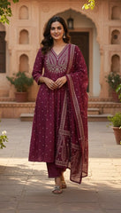 Wine Purple Cotton Anarkali Suit Set – V-Neck Leaf Embroidery & Polka Dot Print