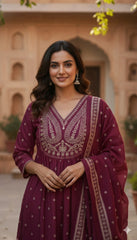 Wine Purple Cotton Anarkali Suit Set – V-Neck Leaf Embroidery & Polka Dot Print