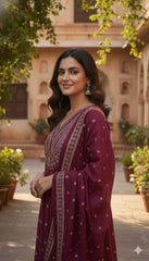 Wine Purple Cotton Anarkali Suit Set – V-Neck Leaf Embroidery & Polka Dot Print