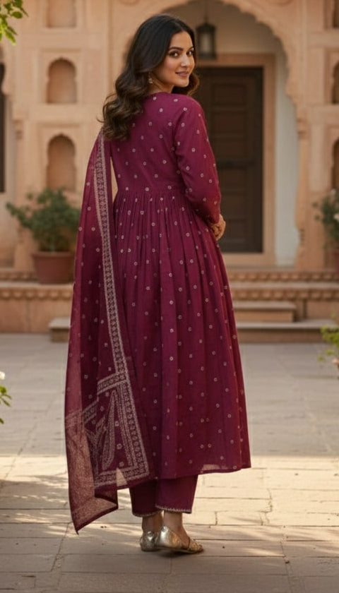 Wine Purple Cotton Anarkali Suit Set – V-Neck Leaf Embroidery & Polka Dot Print
