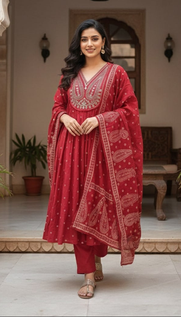 Royal Red Cotton Anarkali Suit Set – Intricate V-Neck Embroidery & Paisley Print Dupatta