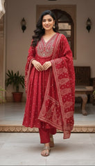 Royal Red Cotton Anarkali Suit Set – Intricate V-Neck Embroidery & Paisley Print Dupatta