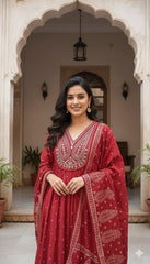 Royal Red Cotton Anarkali Suit Set – Intricate V-Neck Embroidery & Paisley Print Dupatta