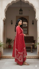 Royal Red Cotton Anarkali Suit Set – Intricate V-Neck Embroidery & Paisley Print Dupatta