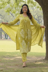 Lime Green Pure Cotton Anarkali Suit Set – Minimalist Floral Embroidery & Scalloped Dupatta