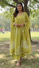 Lime Green Pure Cotton Anarkali Suit Set – Minimalist Floral Embroidery & Scalloped Dupatta