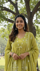 Lime Green Pure Cotton Anarkali Suit Set – Minimalist Floral Embroidery & Scalloped Dupatta