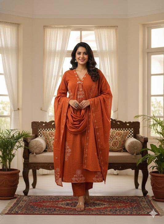 Burnt Orange Cotton A-Line Suit Set – Elegant V-Neck & Minimalist Floral Print